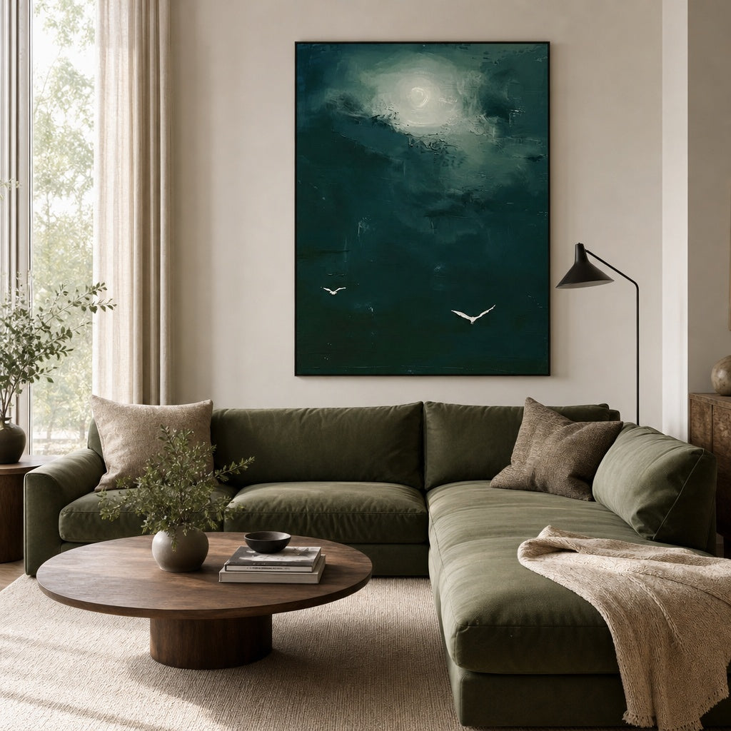 Moonlight Ocean Birds Abstract Painting