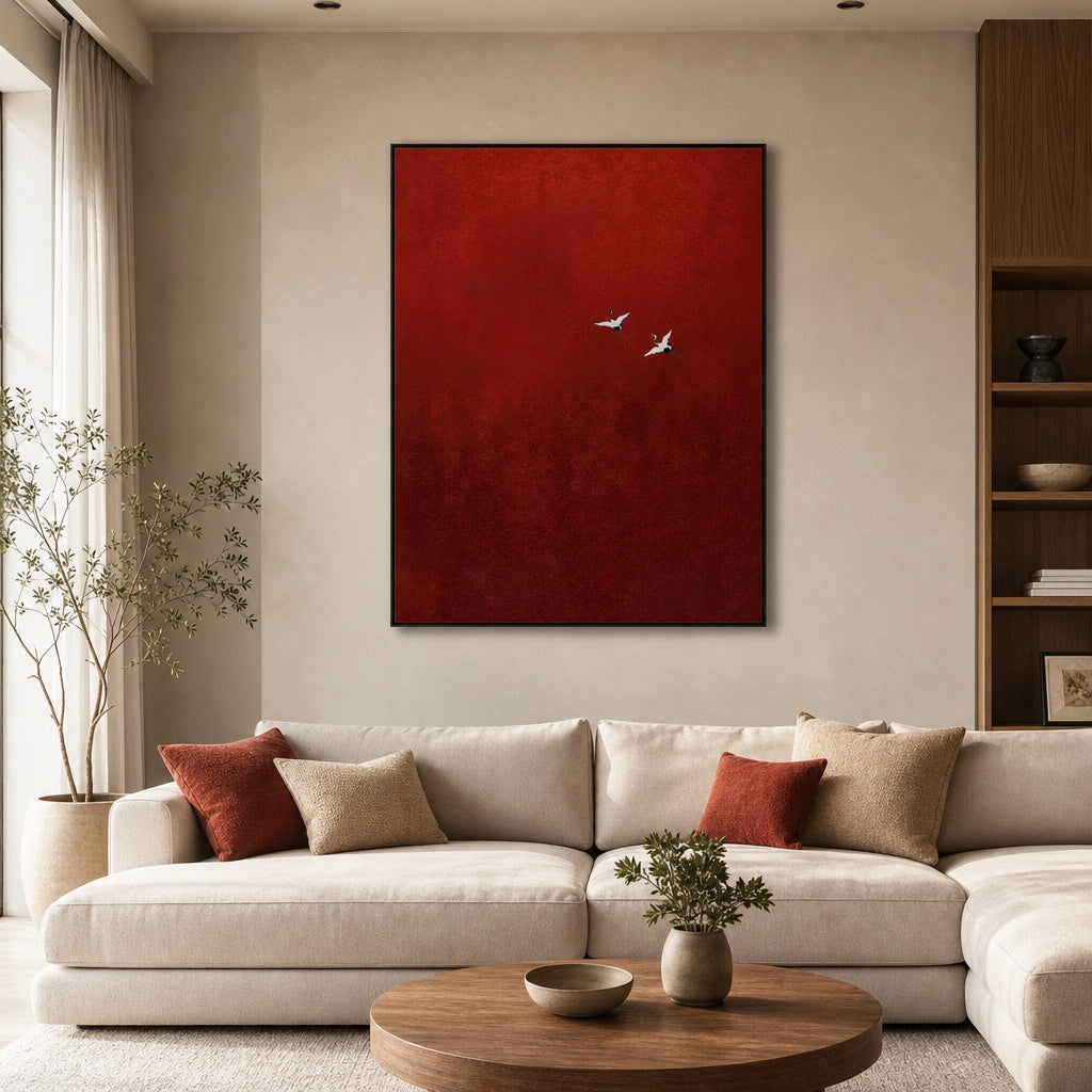 Red Sky Flying Birds Abstract Painting