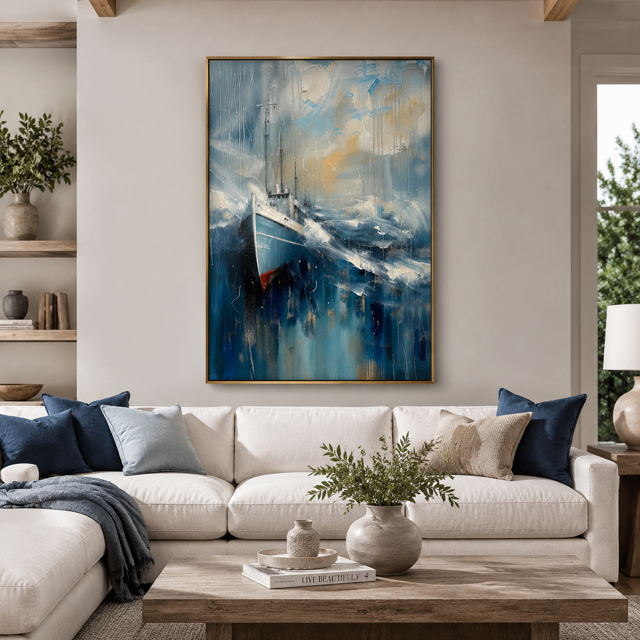 Stormbound Harbor – Blue Abstract Fishing Boat Painting