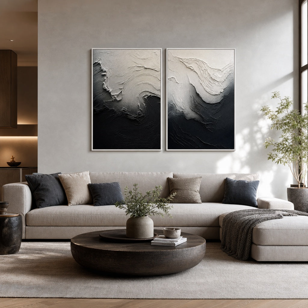 Monochrome Wave Relief Diptych