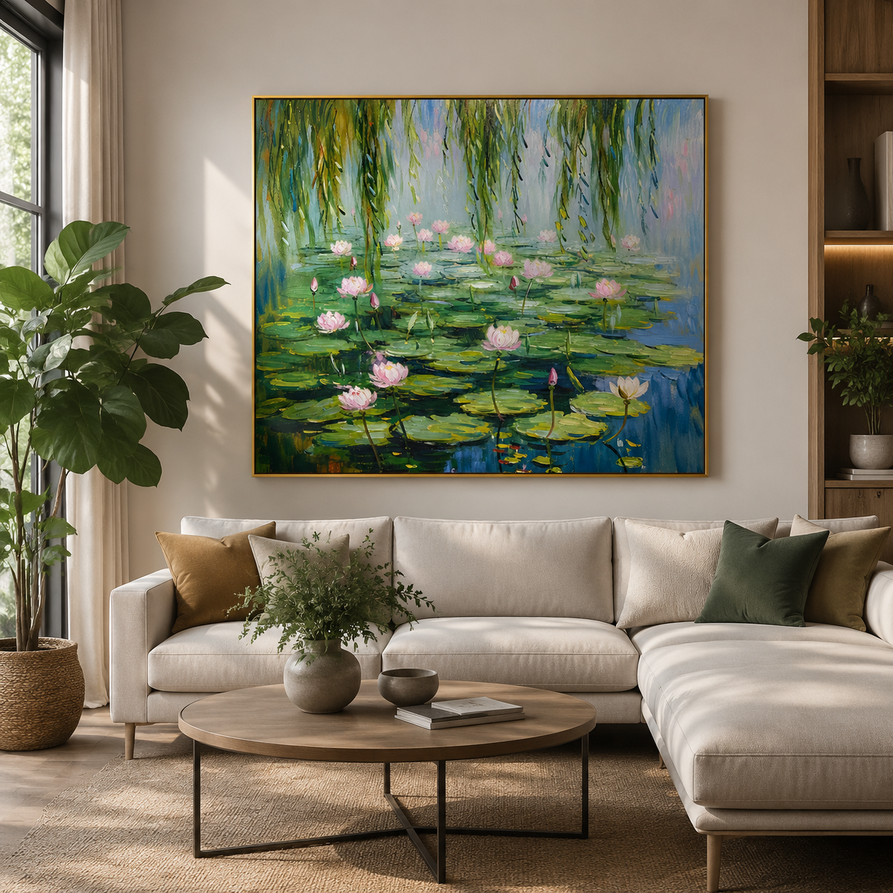 Willow Lotus Pond – Pink Impressionist Floral Landscape Painting