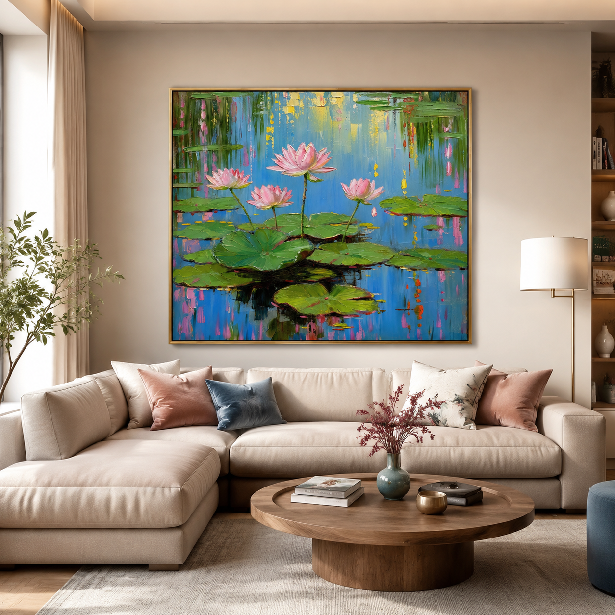 Pink Lotus on Blue Water – Impressionist Floral Pond Painting