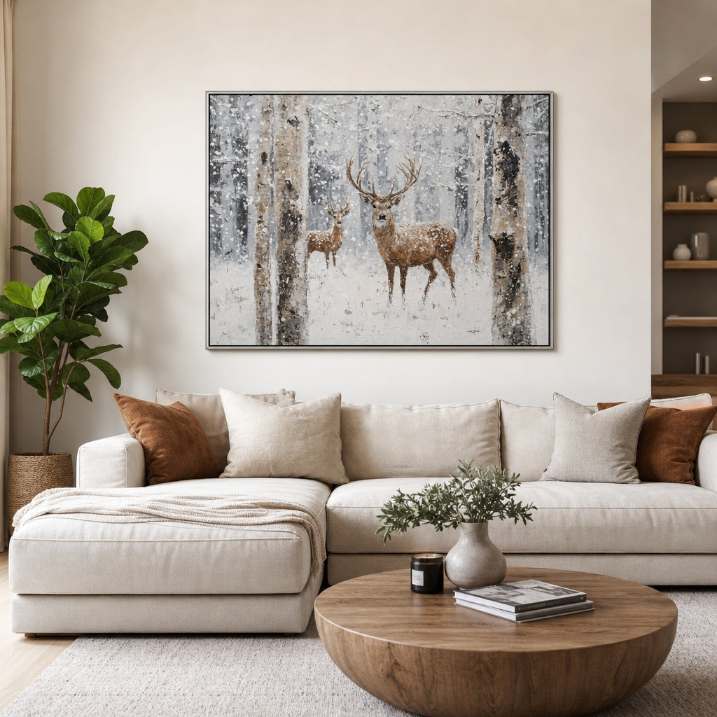 Winter Forest Deer Landscape Painting