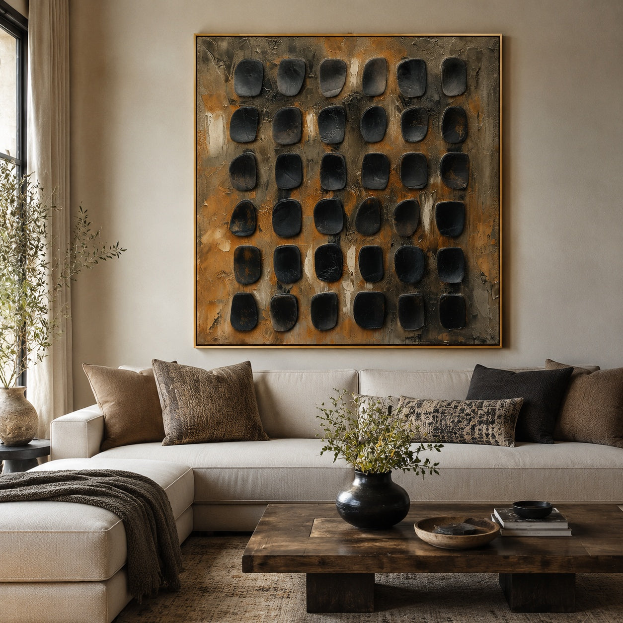Black Stone Grid – Brown and Gray Textured Abstract Painting