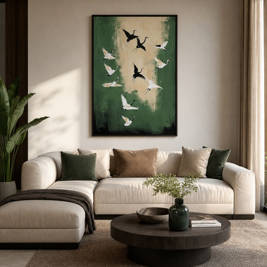 Flying Cranes Green Nature Painting