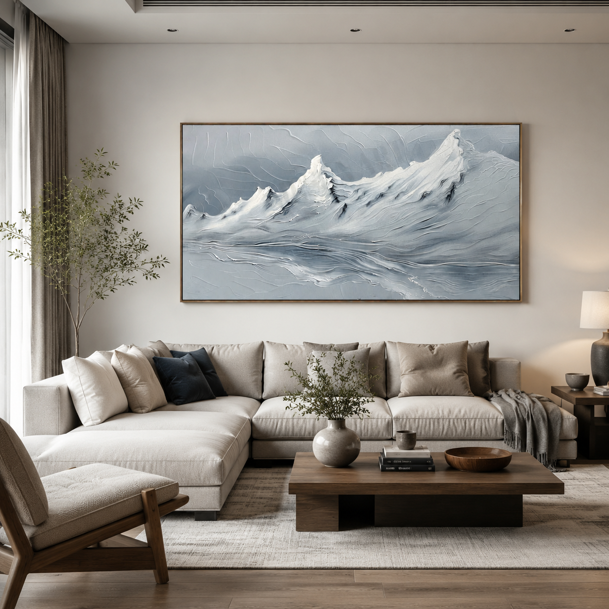 Silver Alpine Reflection – Textured Blue Mountain Landscape Painting