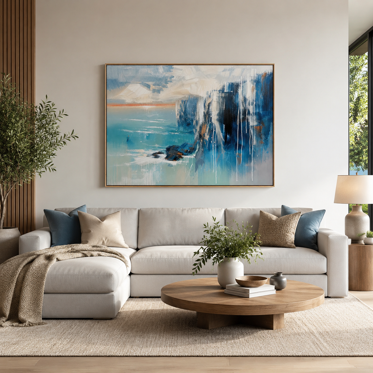 Azure Coastal Cliffs – Blue Abstract Seascape Painting