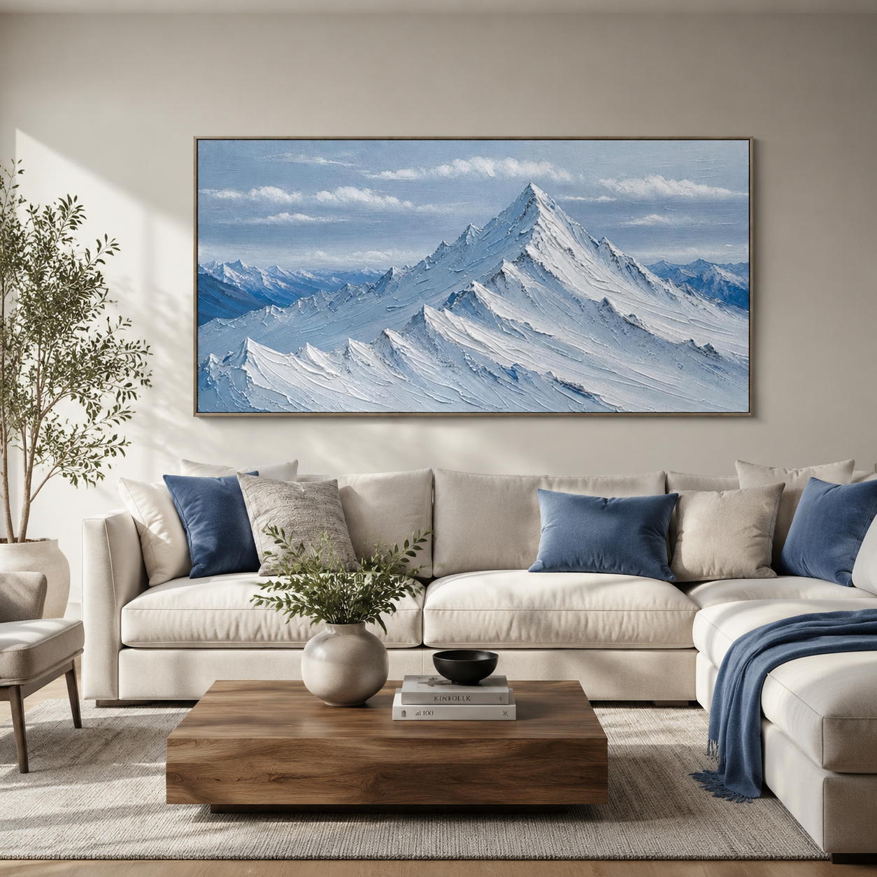 Alpine Stillness – Blue Textured Mountain Landscape Painting