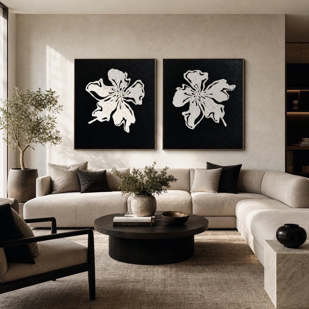 Black White Floral Relief Diptych