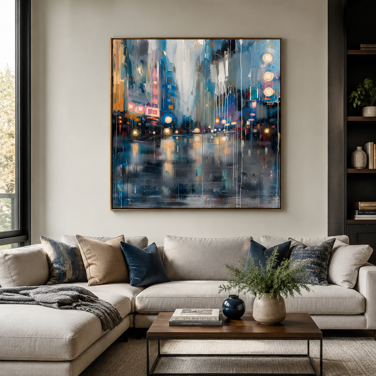 City Lights in the Rain – Blue Abstract Cityscape Painting