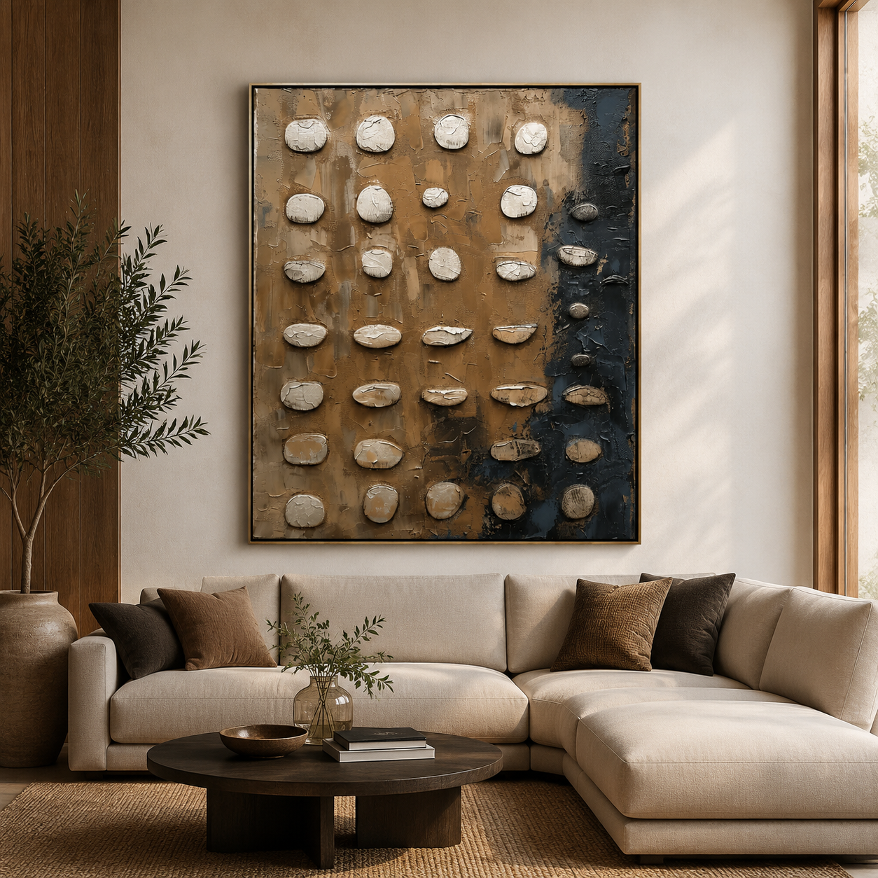Stone Grid Harmony – Beige and Charcoal Textured Abstract Painting