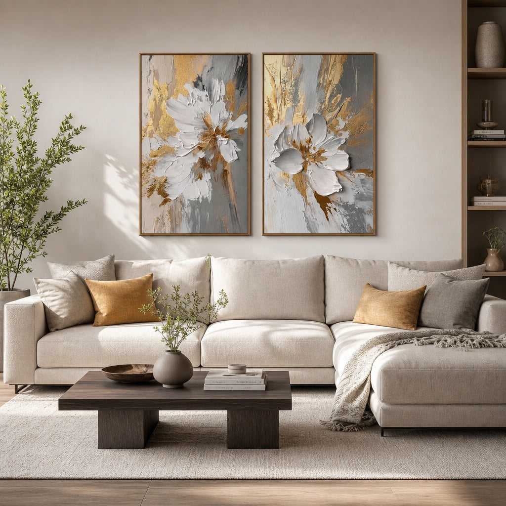 Golden White Blossom Diptych