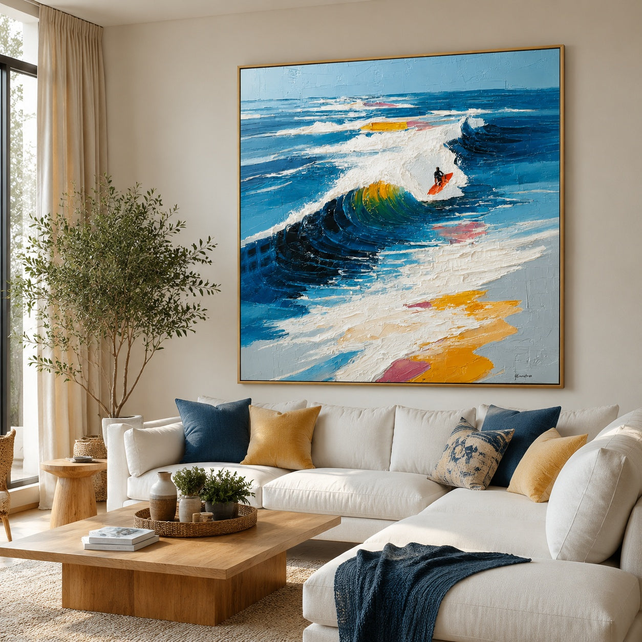 Surfing the Blue Break – Textured Ocean Wave Painting