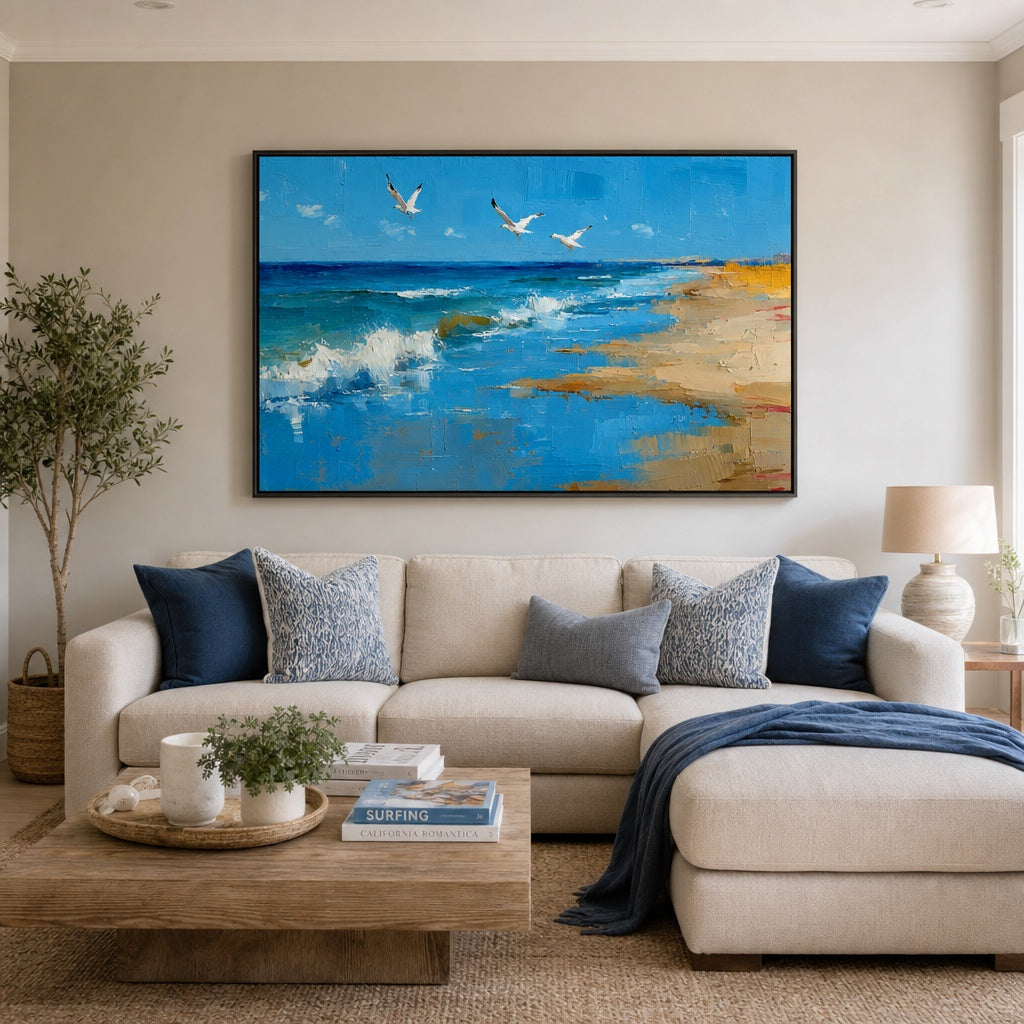 Seagulls Over Blue Shore