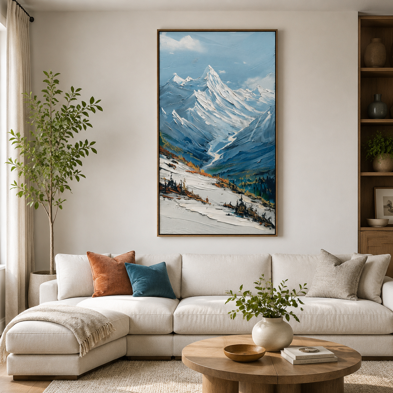 Snowy Alpine Valley – Blue Textured Mountain Landscape Painting