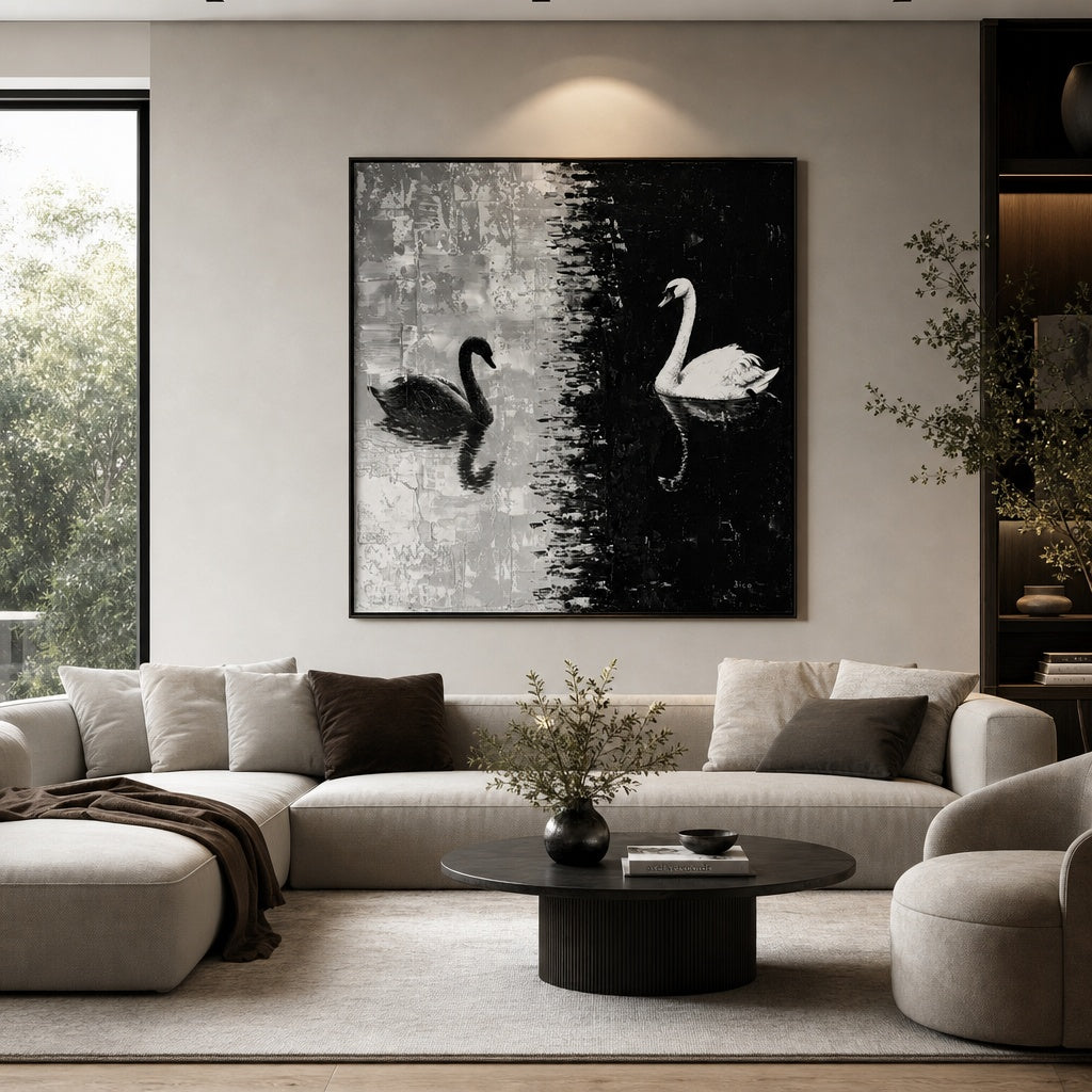 Black and White Swan Lake Painting