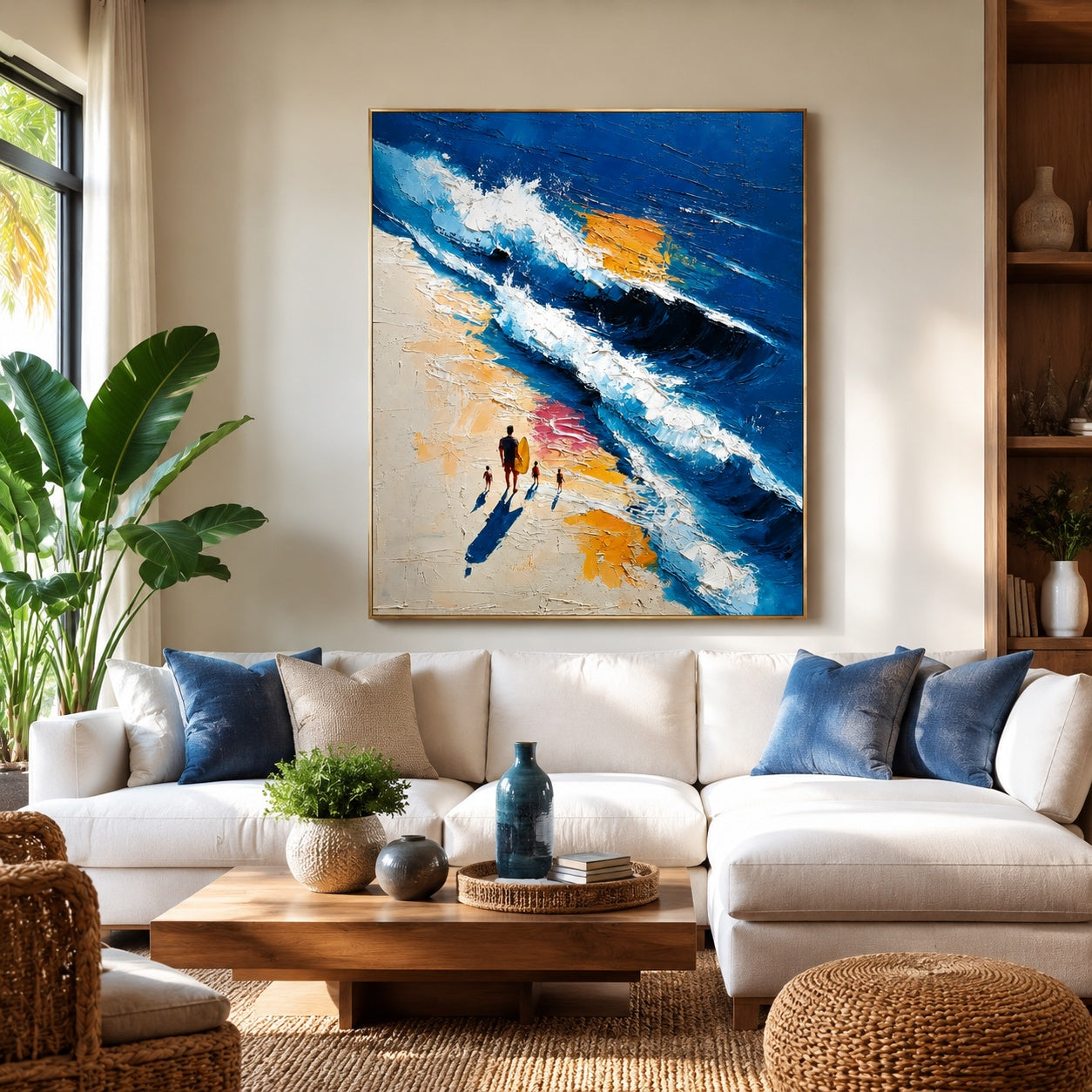 Surfside Family Walk – Blue Textured Ocean Beach Painting