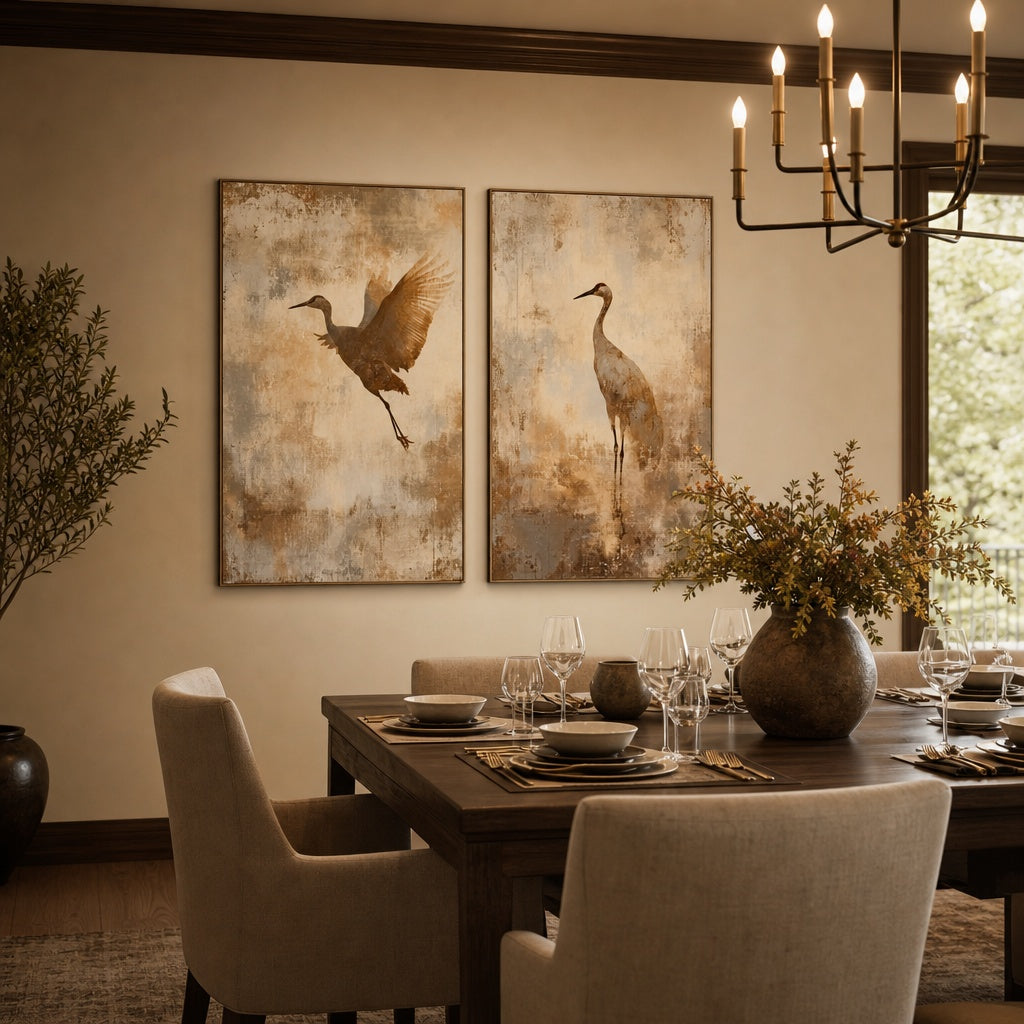 Flying Cranes Vintage Nature Painting