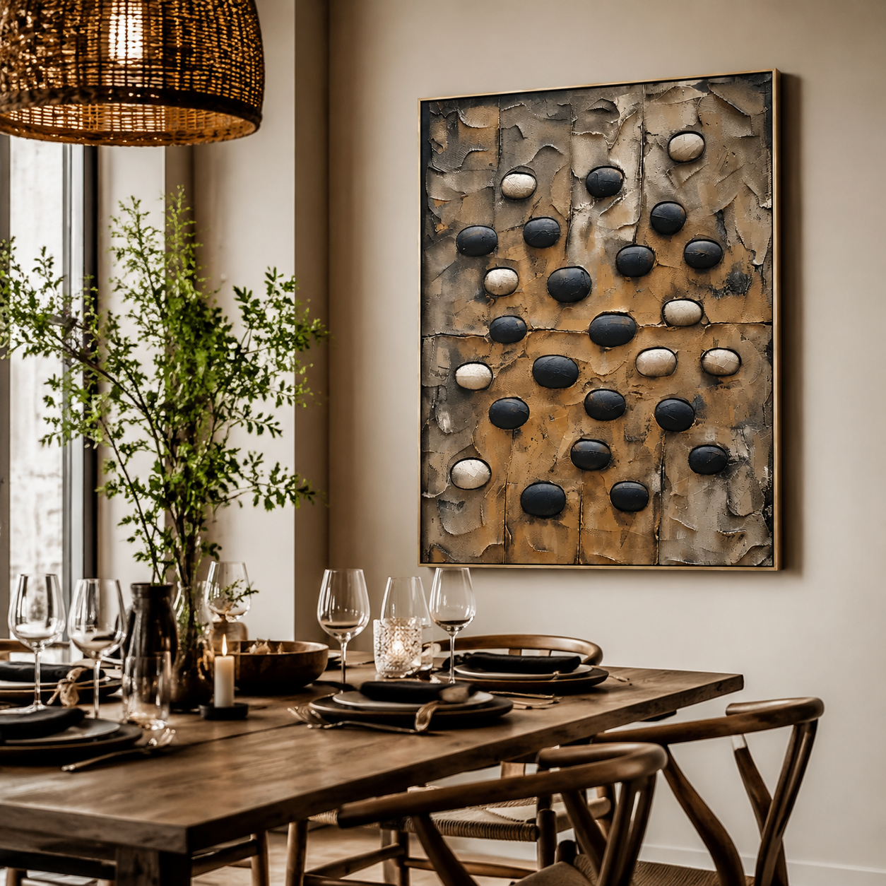 Earthen Pebble Rhythm – Black and Beige Textured Abstract PaintingEarthen Pebble Rhythm – Black and Beige Textured Abstract Painting