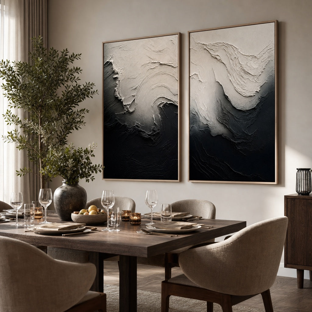 Monochrome Wave Relief Diptych