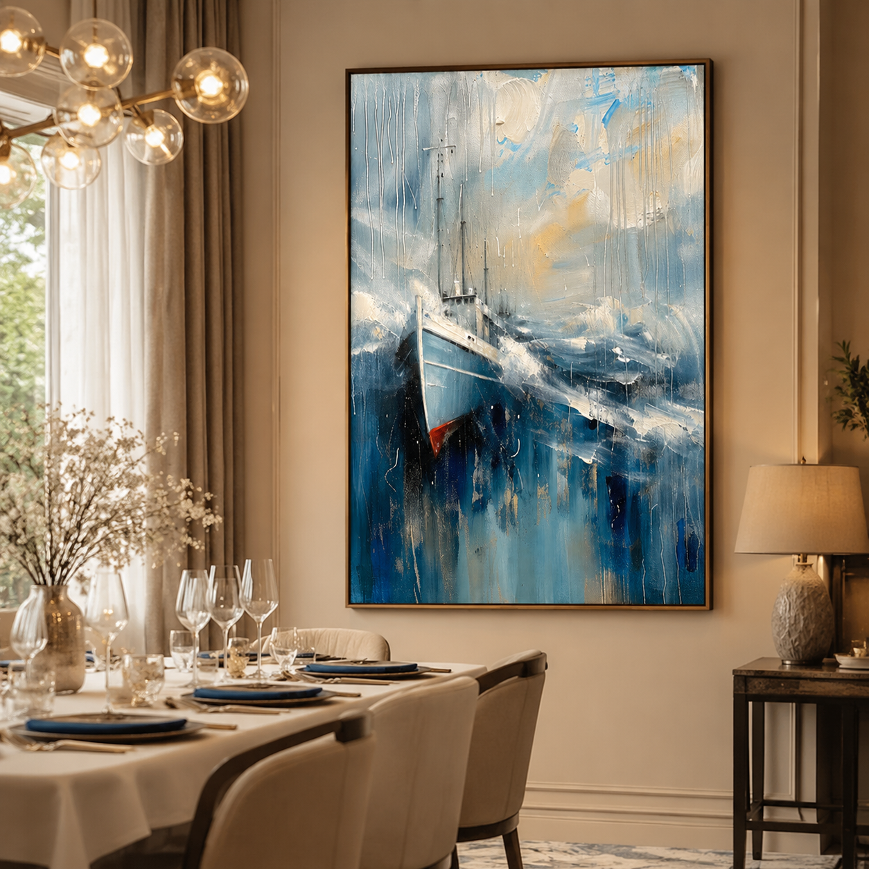 Stormbound Harbor – Blue Abstract Fishing Boat Painting