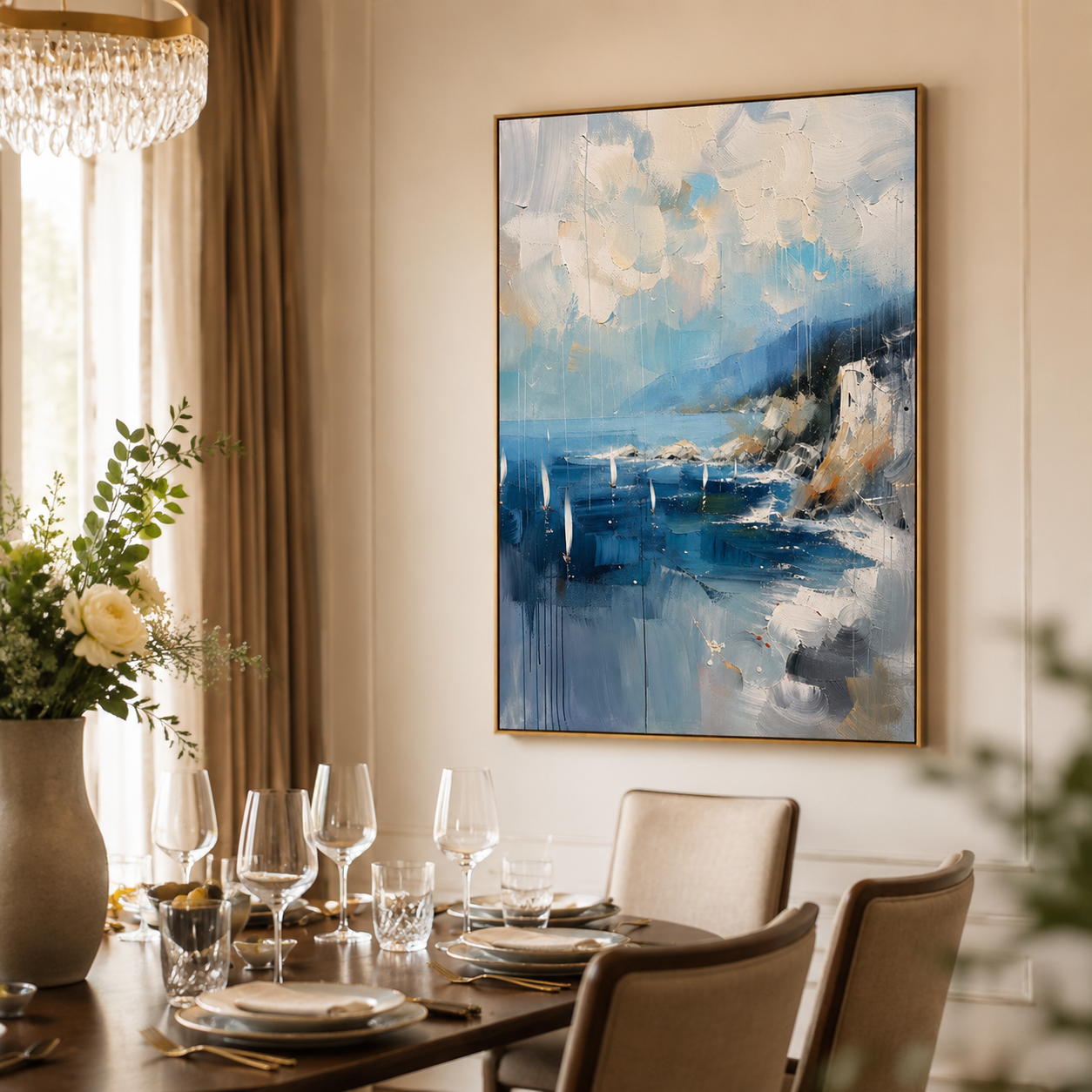 Blue Coastal Harbor – Abstract Sailboat Seascape Painting