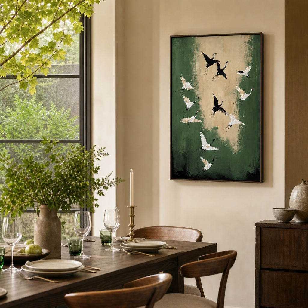 Flying Cranes Green Nature Painting