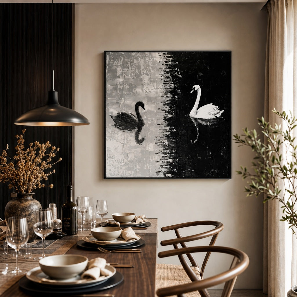 Black and White Swan Lake Painting