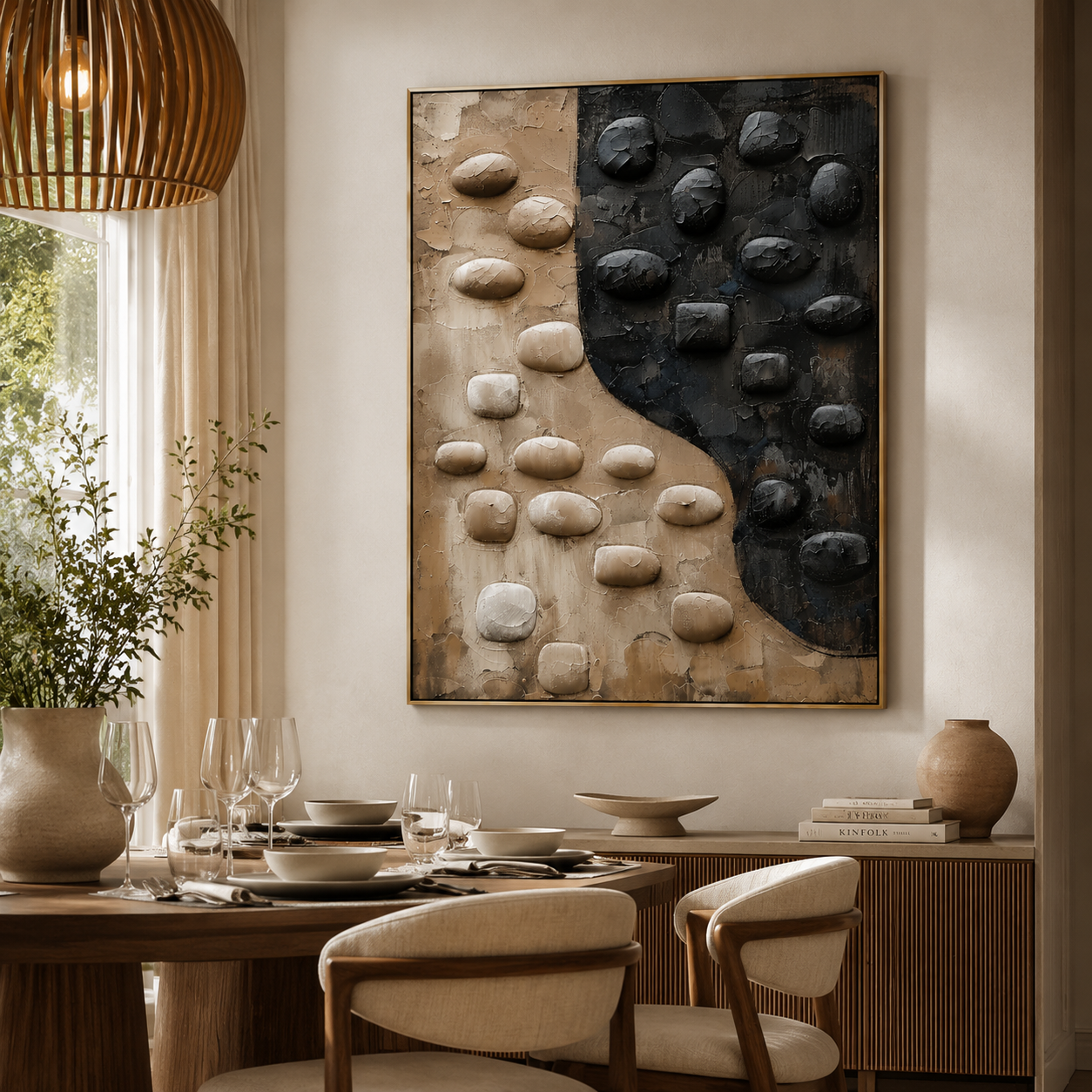 Yin Yang Stone Balance – Black and Beige Textured Abstract Painting