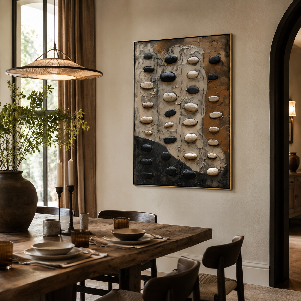 River Stone Path – Black and Beige Textured Abstract Painting
