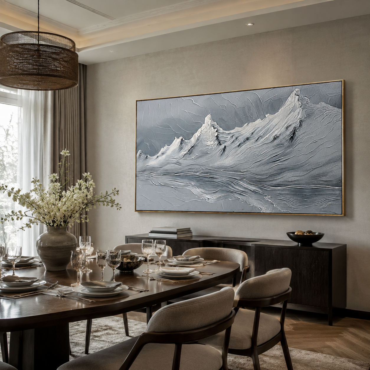 Silver Alpine Reflection – Textured Blue Mountain Landscape Painting