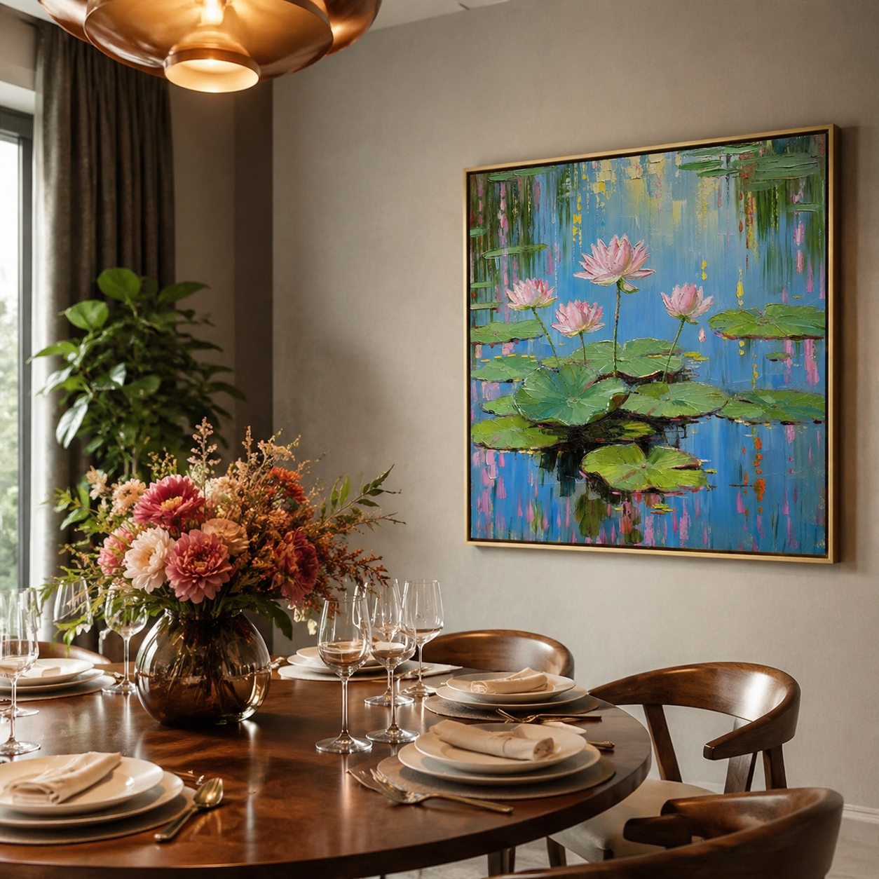 Pink Lotus on Blue Water – Impressionist Floral Pond Painting