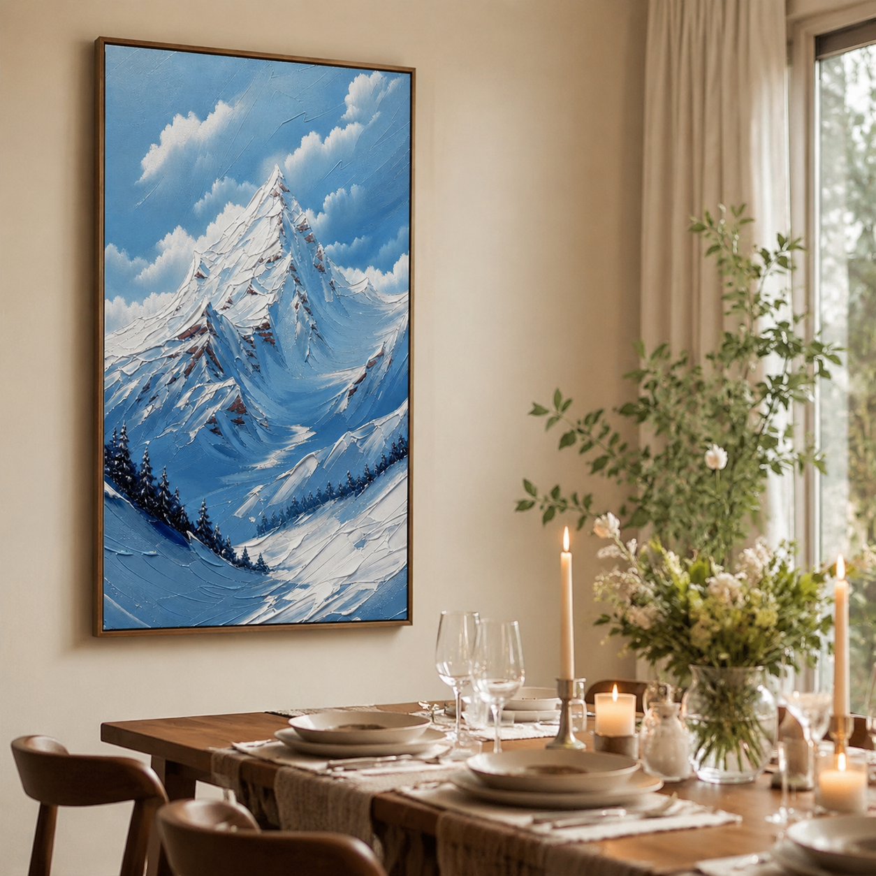 Crimson Summit – Blue Textured Snow Mountain Painting