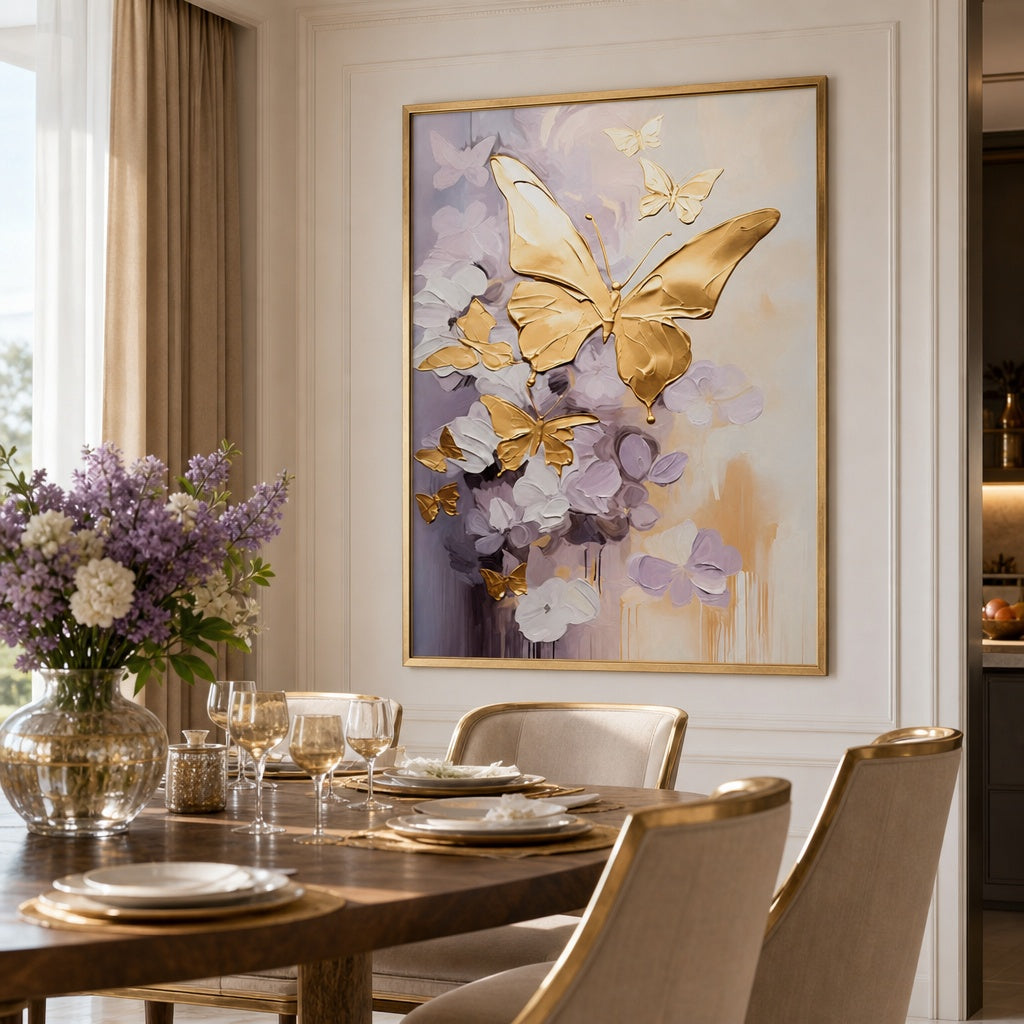 Golden Butterfly Floral Abstract Painting
