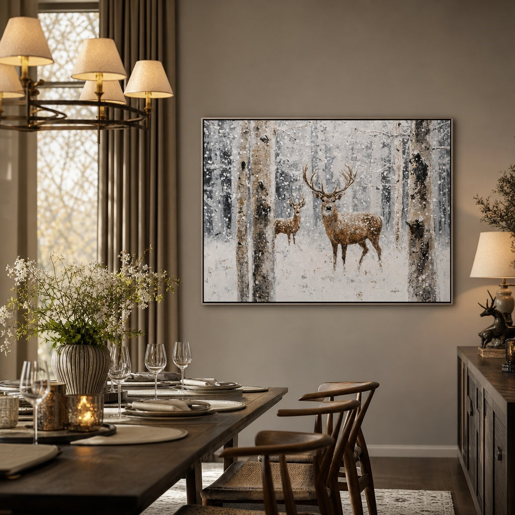 Winter Forest Deer Landscape Painting