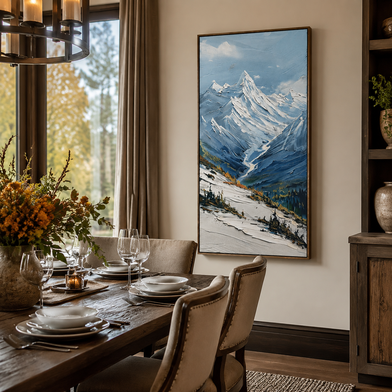 Snowy Alpine Valley – Blue Textured Mountain Landscape Painting