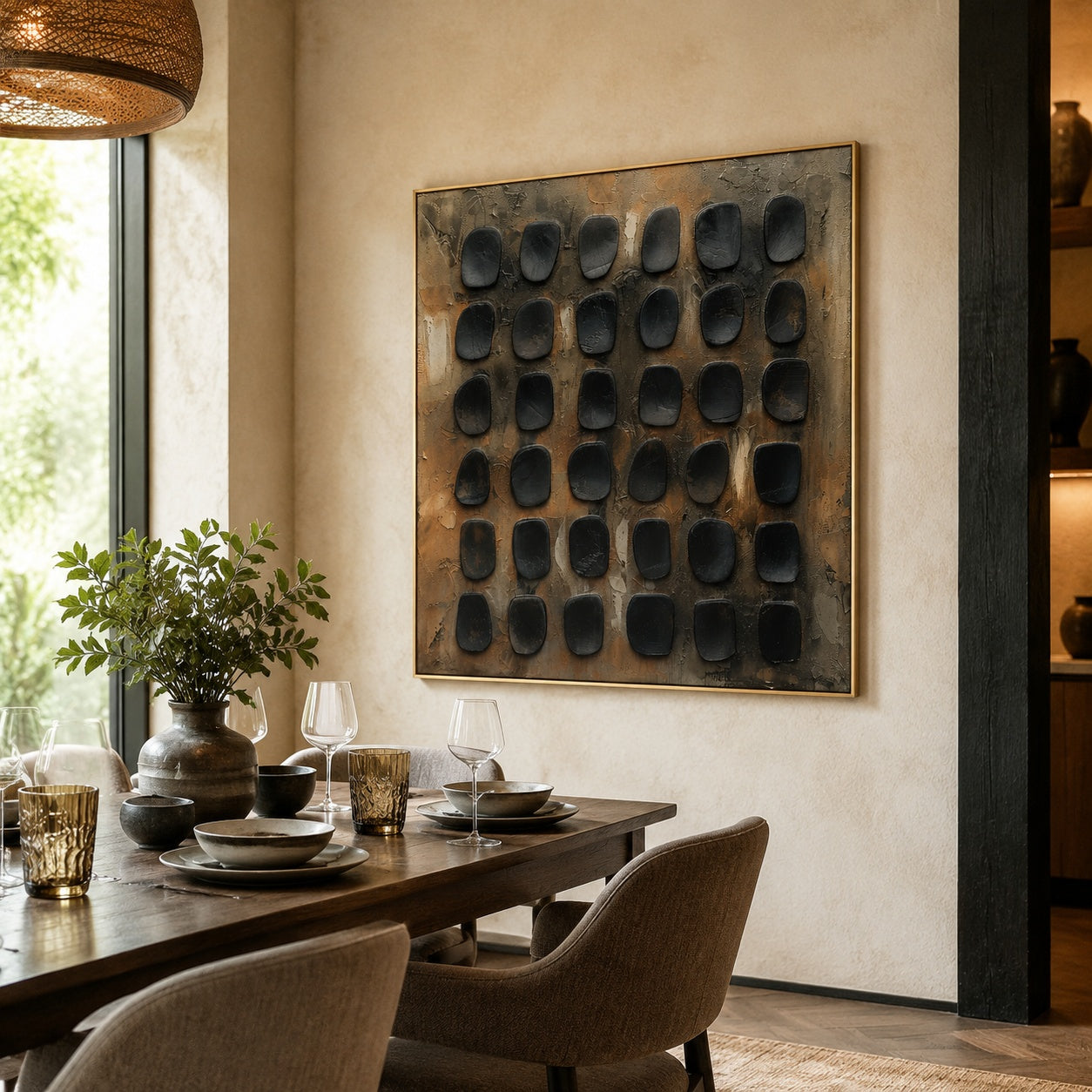 Black Stone Grid – Brown and Gray Textured Abstract Painting