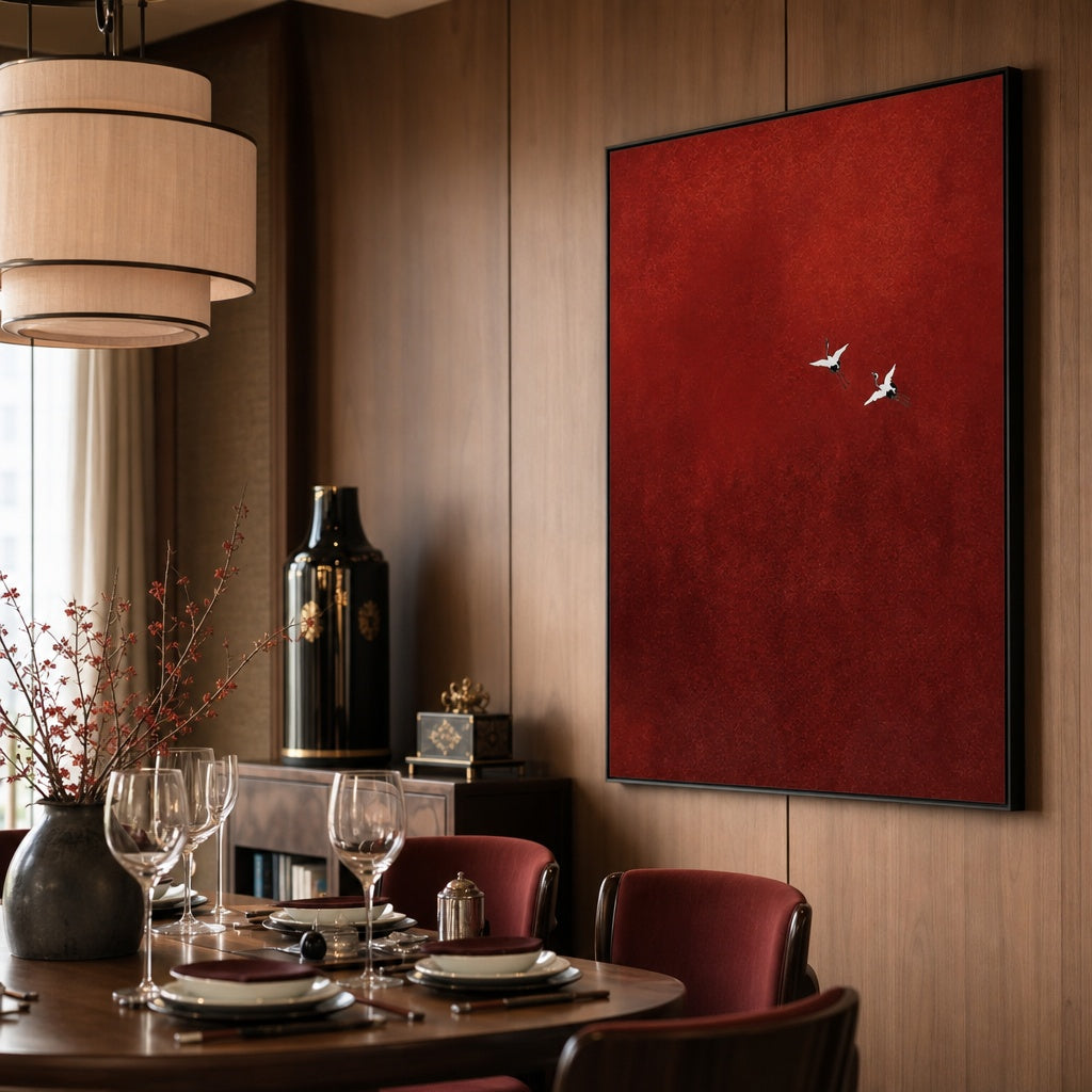 Red Sky Flying Birds Abstract Painting