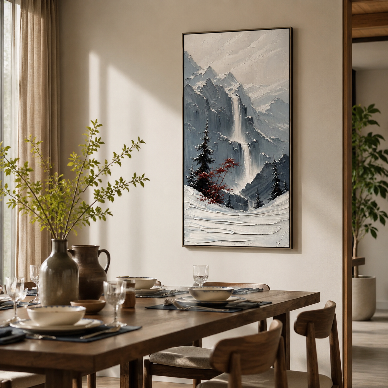 Crimson Alpine Falls – Textured Winter Mountain Waterfall Painting