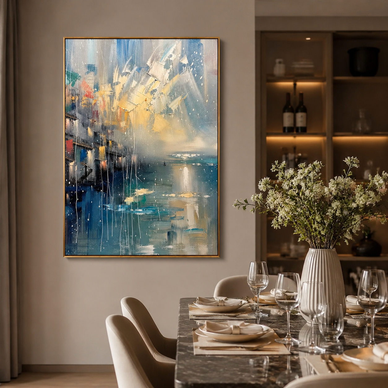 Coastal City Light – Blue Abstract Seascape Painting