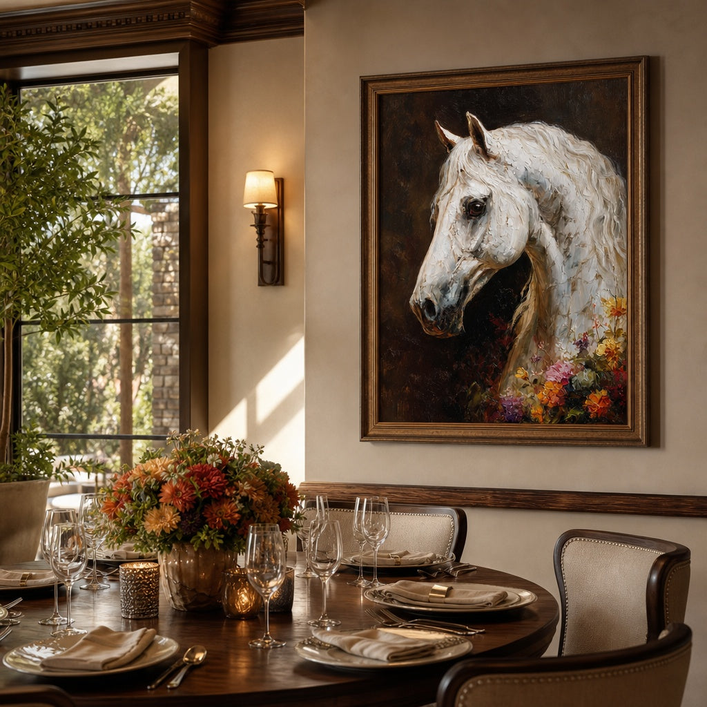 White Horse Floral Portrait Painting