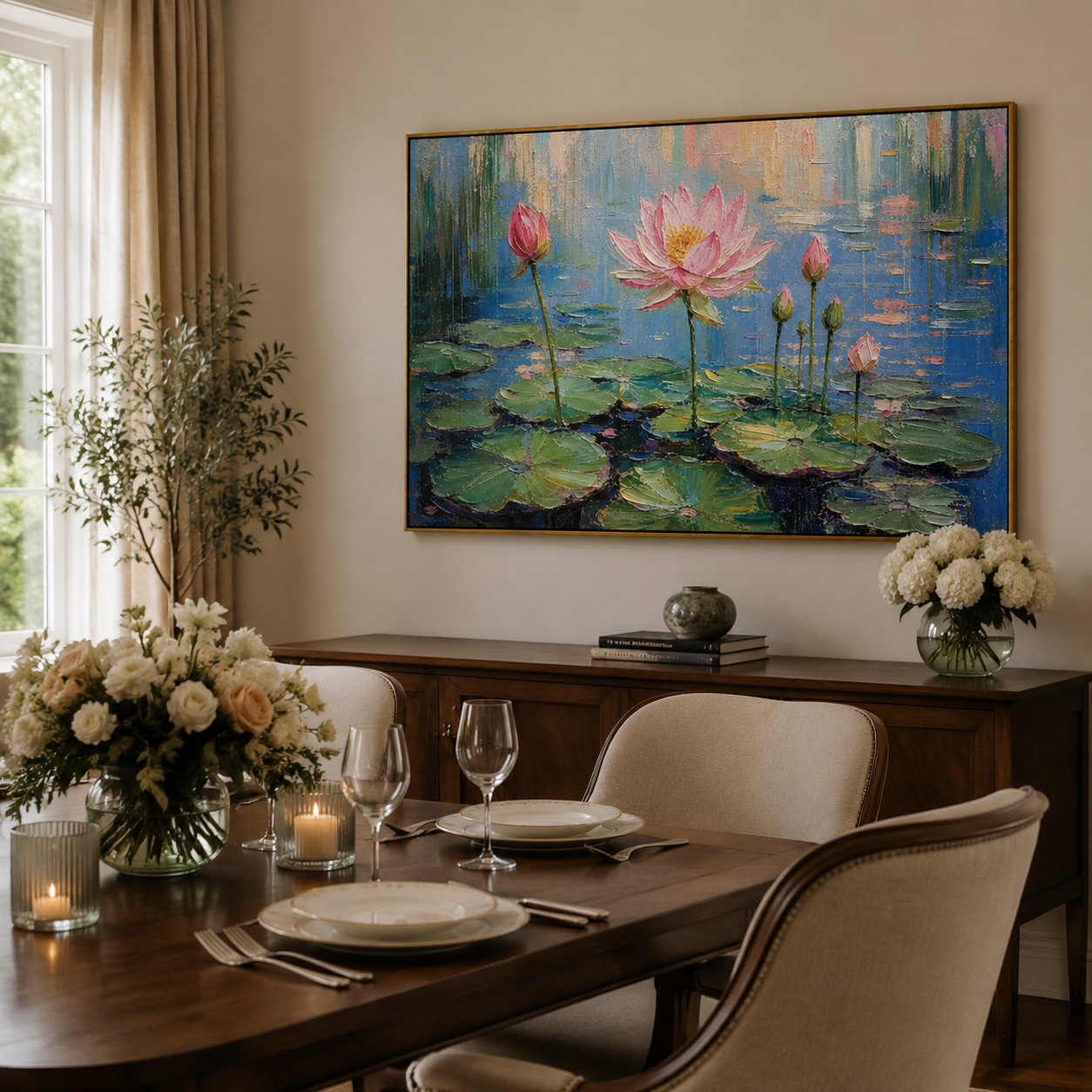 Blush Lotus Morning – Pink Impressionist Pond Painting