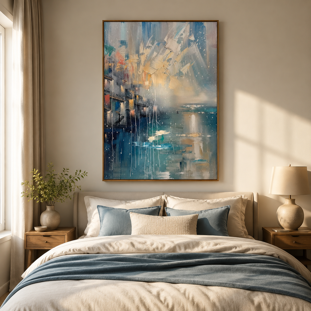 Coastal City Light – Blue Abstract Seascape Painting