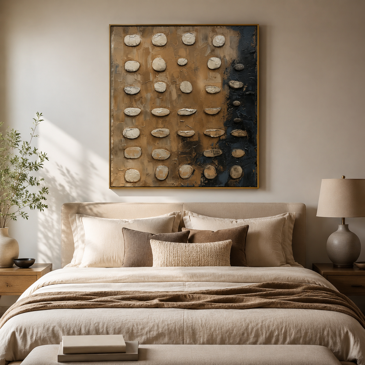 Stone Grid Harmony – Beige and Charcoal Textured Abstract Painting