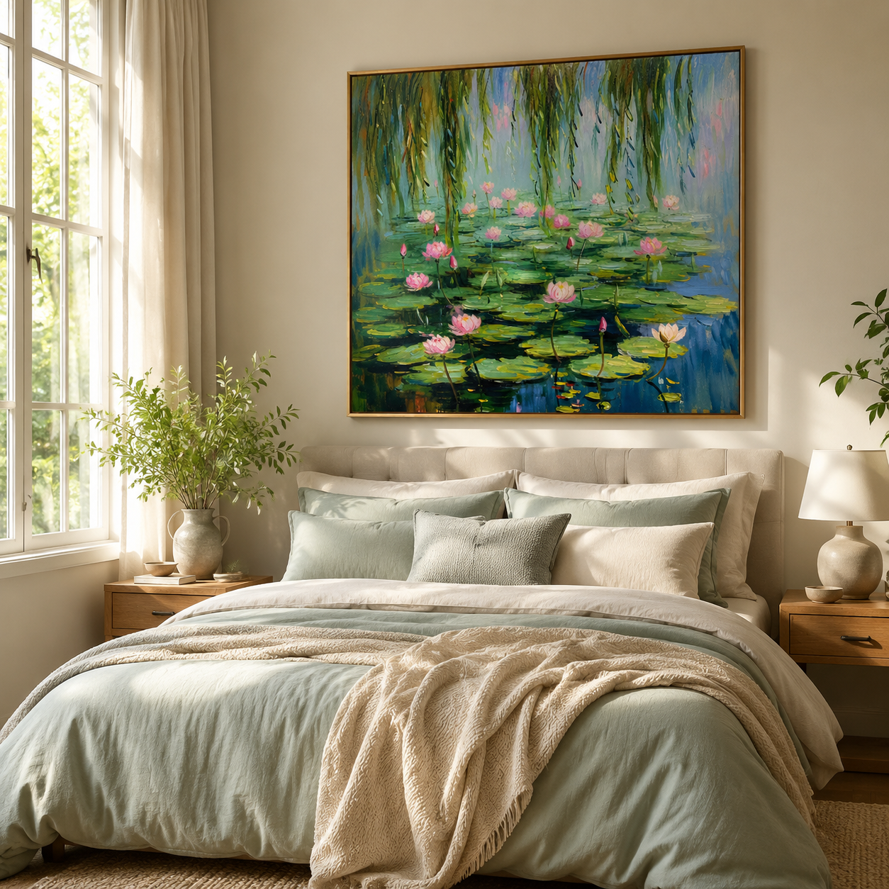 Willow Lotus Pond – Pink Impressionist Floral Landscape Painting