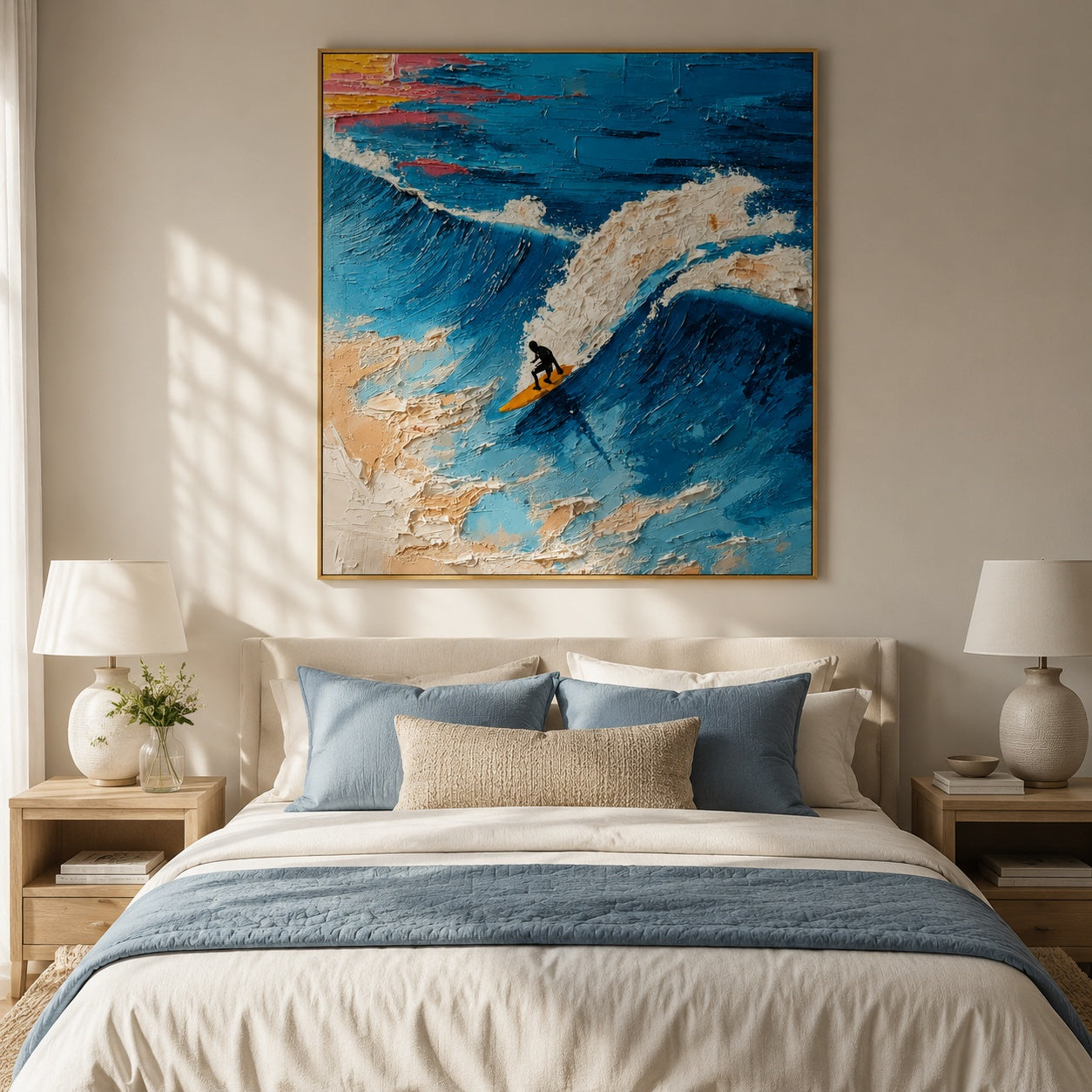 Riding the Blue Wave – Textured Ocean Surfing Painting