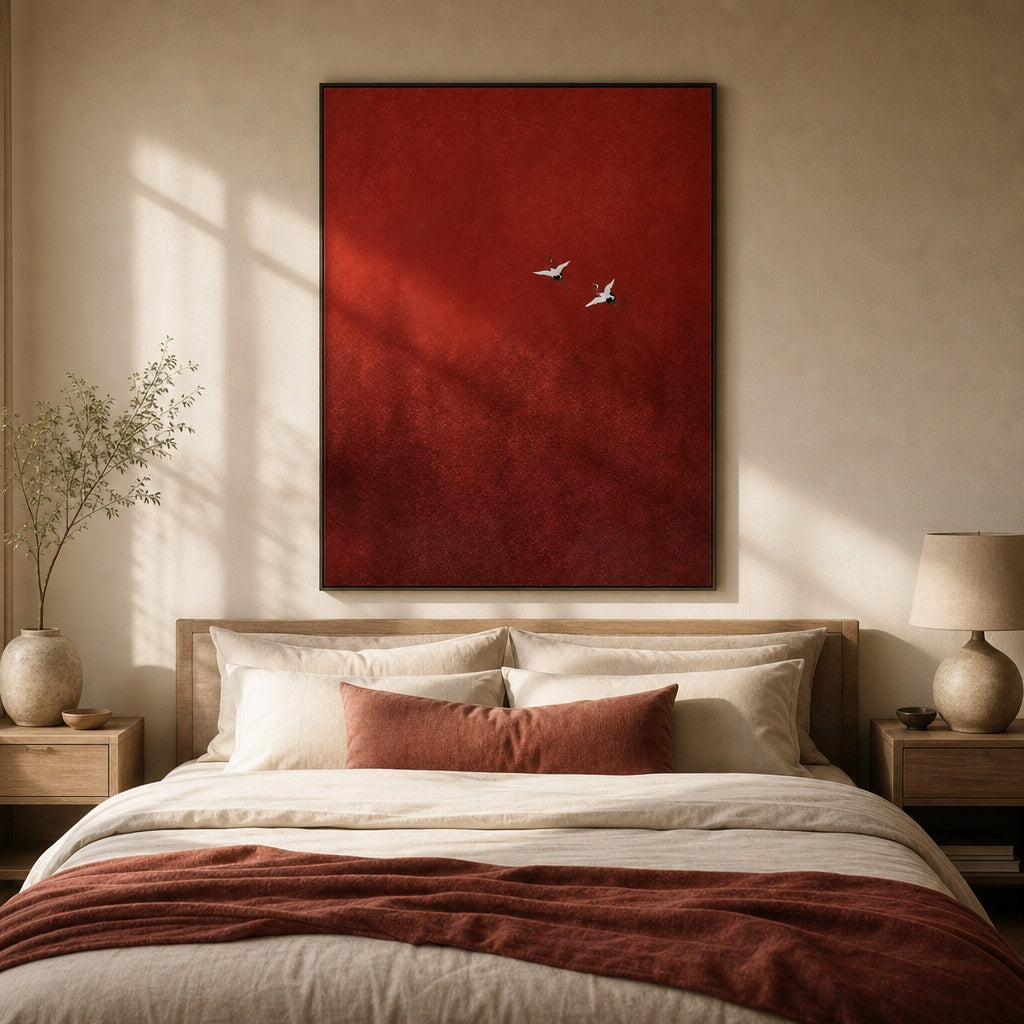 Red Sky Flying Birds Abstract Painting