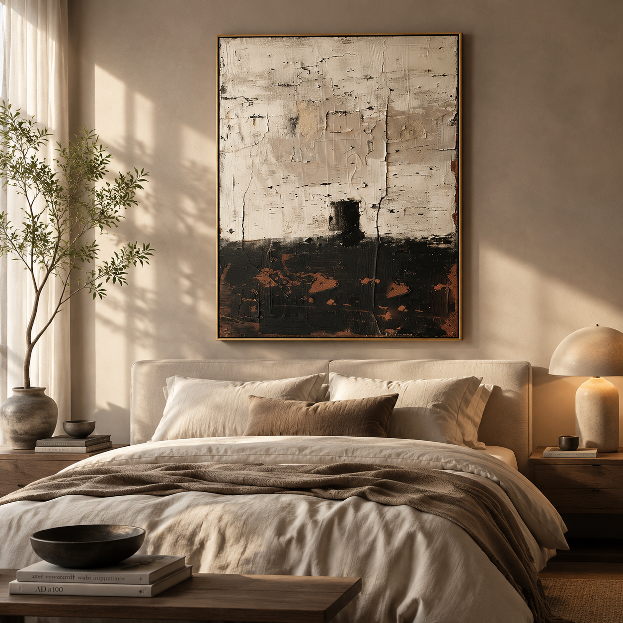 Weathered Silence – Neutral Black and Beige Abstract Textured Painting