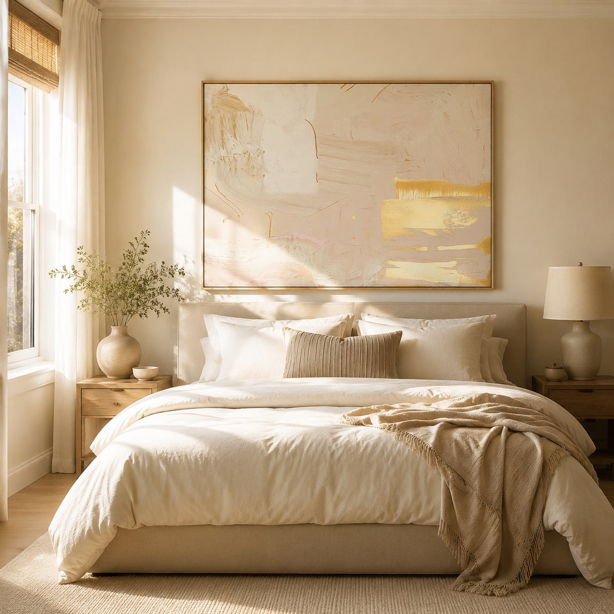 Golden Blush Harmony – Neutral Pink and Gold Abstract Painting