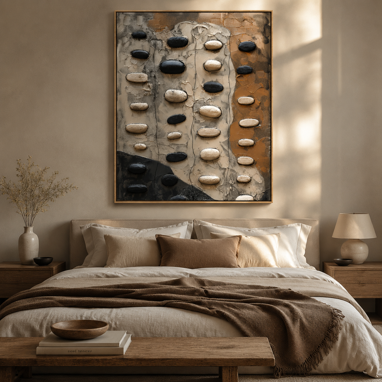 River Stone Path – Black and Beige Textured Abstract Painting